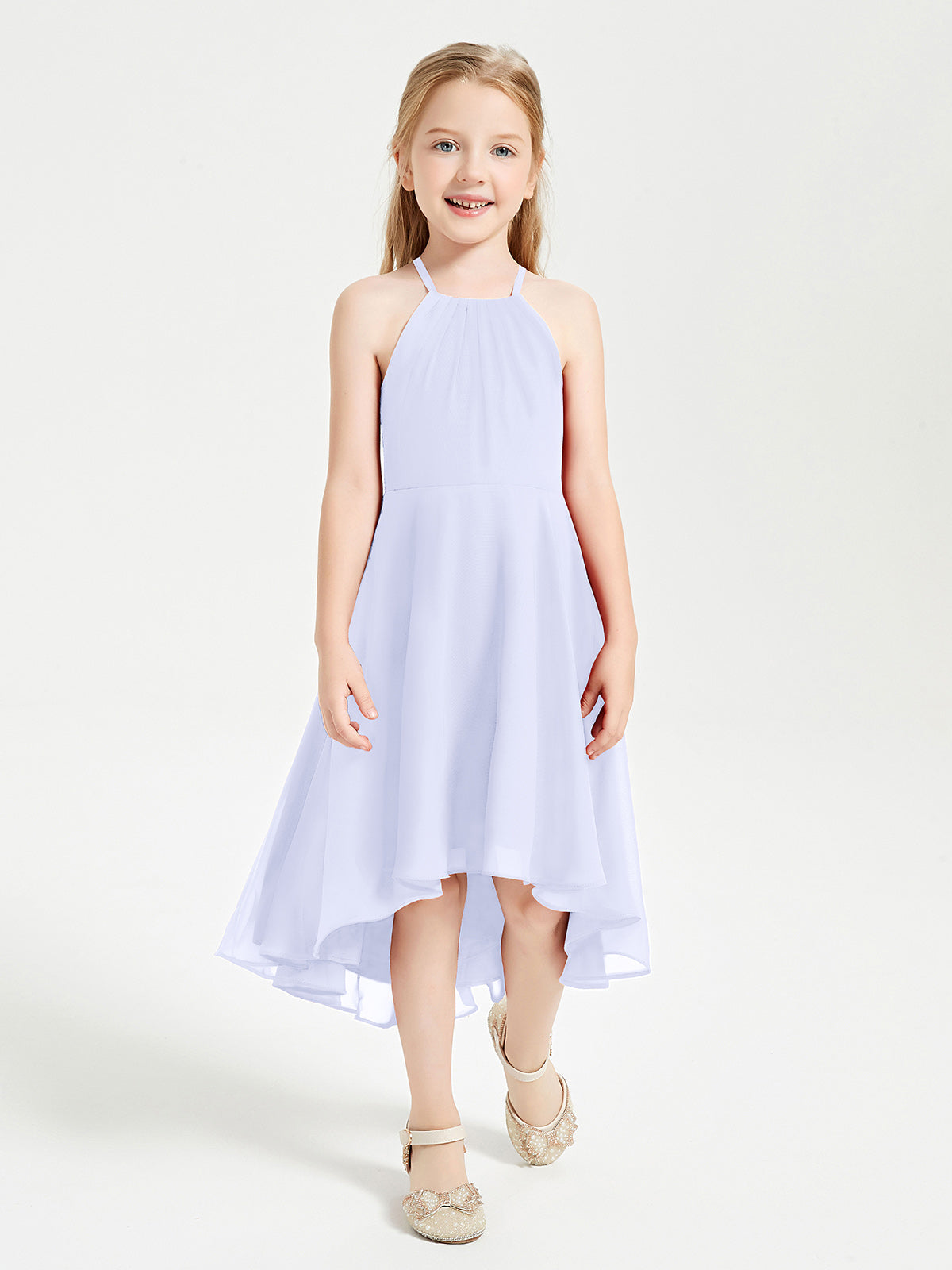 Tea Length Junior Bridesmaid Dresses with Asymmetrical Skirts Lavender